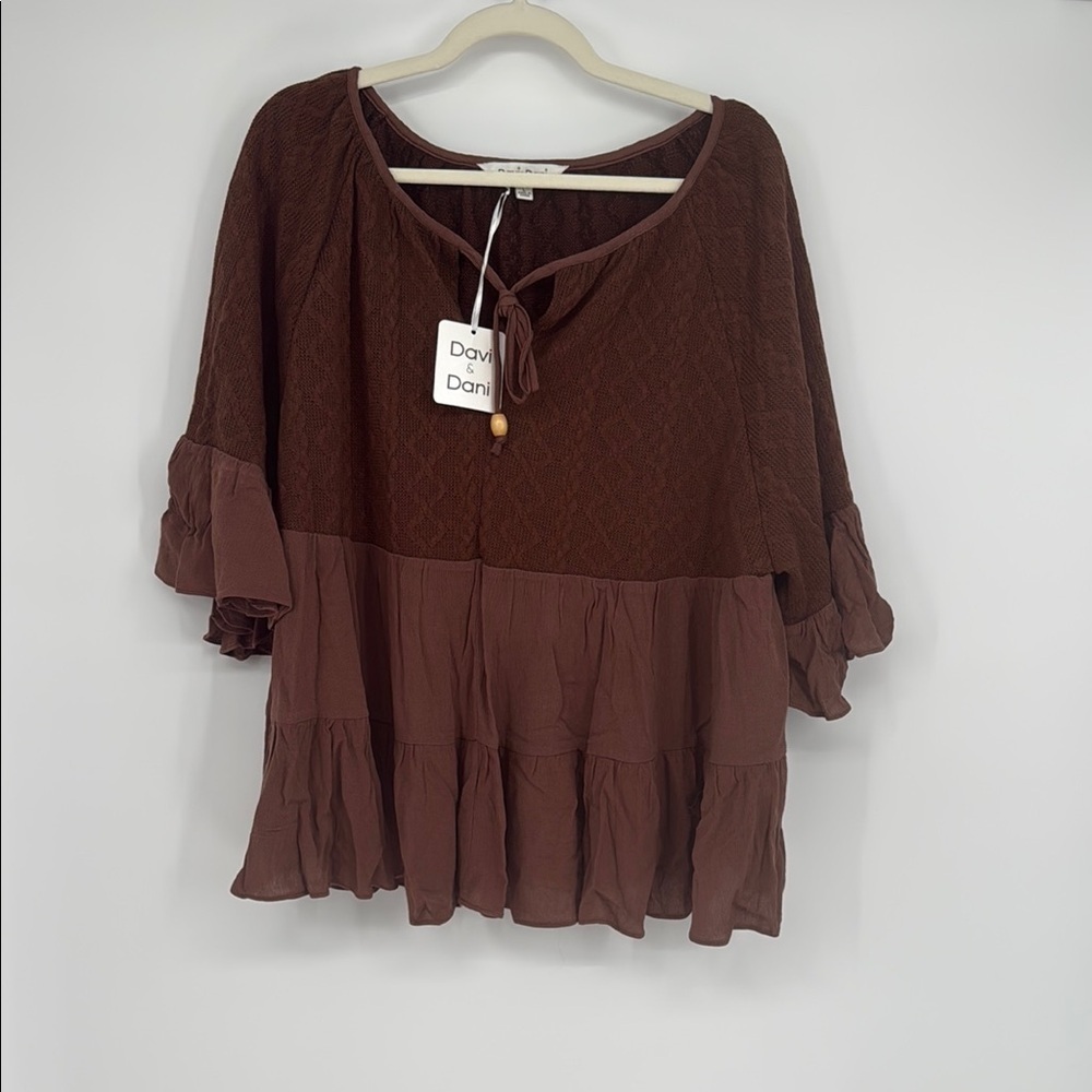 Davi & Dani Brown Boho Peasant Top – Ruffle Hem, Bell Sleeves Multiple Sizes NWT